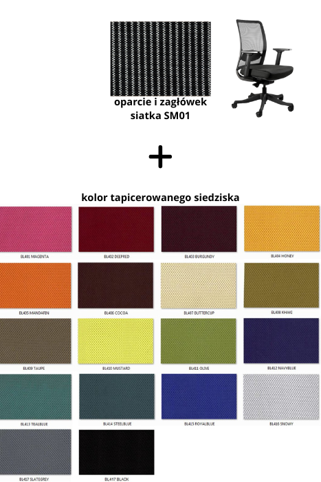 ANGGUN M fotel biurowy czarny stelaż, siatka, tkanina kolory (Kolor siedziska: BL409, Kolor siatki: czarna SM01)