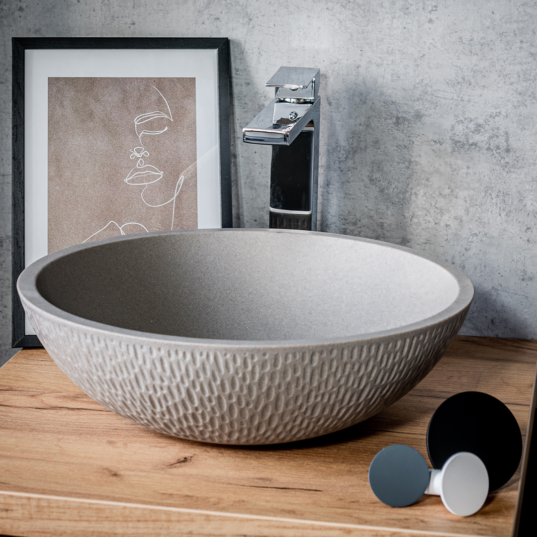 Laveo Amber umywalka 41 cm nablatowa okrągła granitowa szara VGR1521T