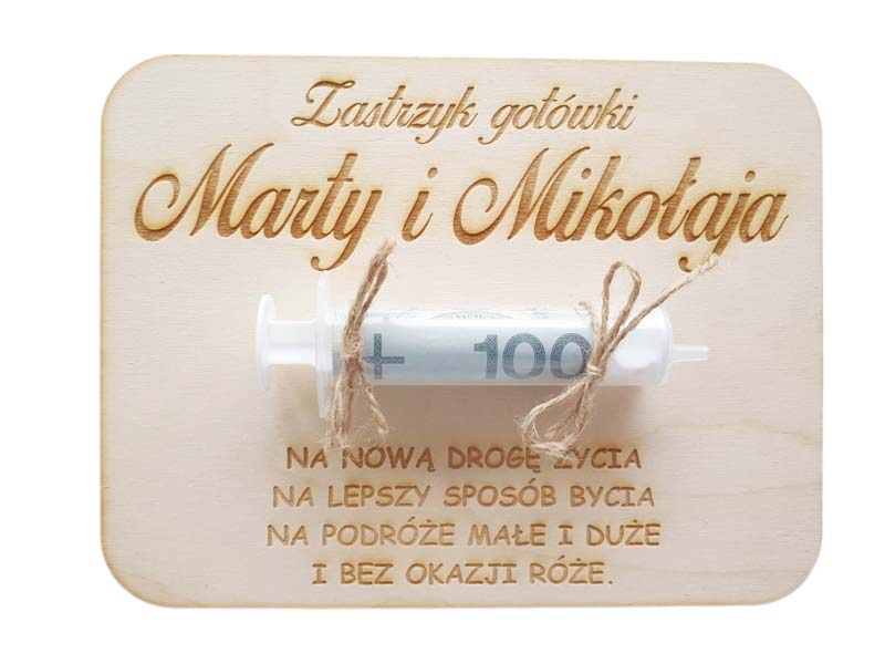 Drewniana kartka na prezent, pieniądze- Zastrzyk Gotówki, ślub, IMIĘ, grawer