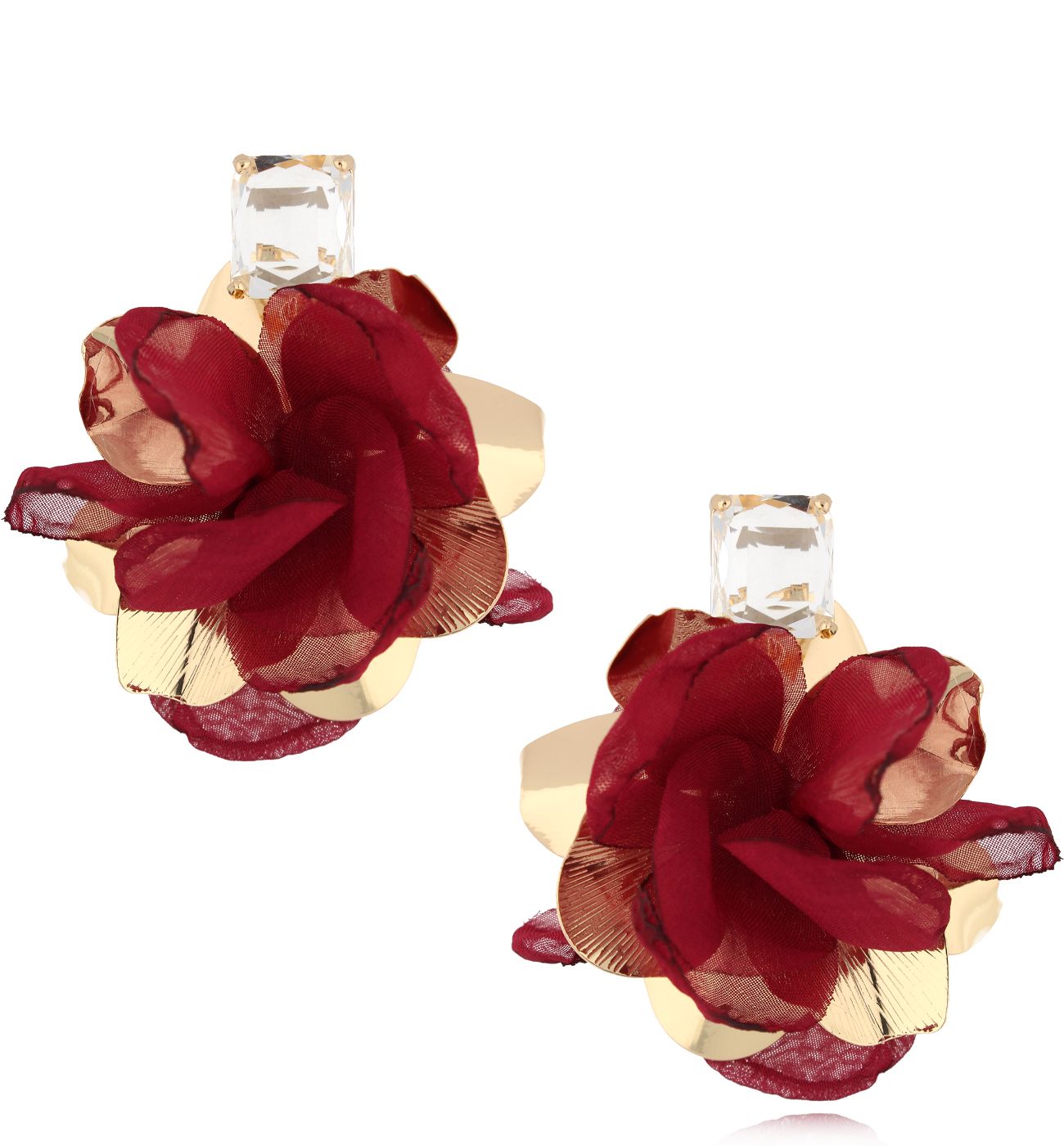 Kolczyki złote z bordową tkaniną Gold Blossom KBL1819