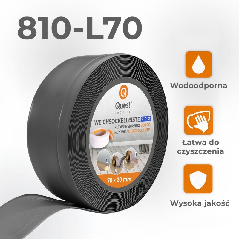 Listwa przypodłogowa PCV 70x20mm, QUEST, elastyczna, miękka listwa podłogowa, cokołowa, ciemnoszary, 10m