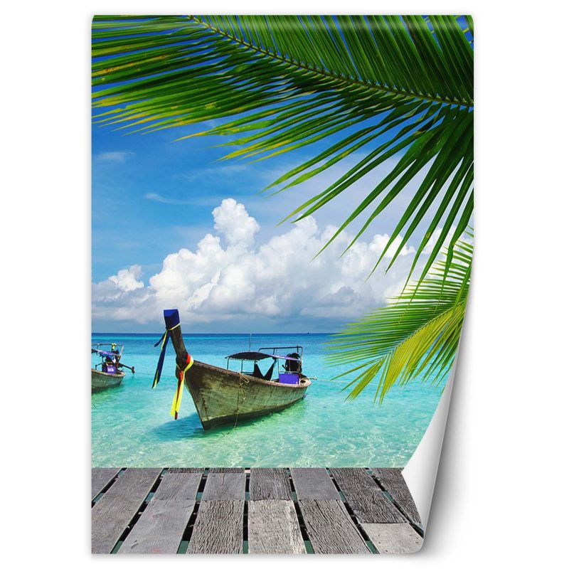Fototapeta Feeby Łódka tropikalna plaża palmy 150x210 1 szt