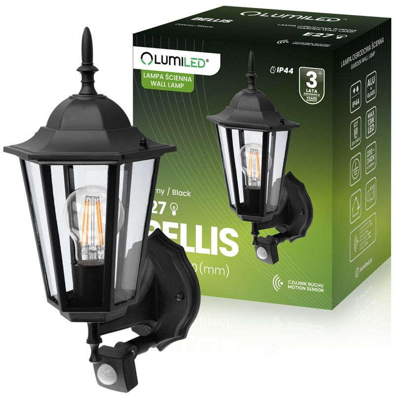 Lampa Ogrodowa Lumiled Kinkiet Elewacyjny Zewnętrzny E27 LED Latarnia z Czujnikiem Ruchu Czarna 1 szt.