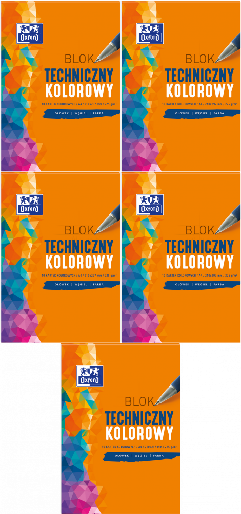 5x Blok techniczny, A4, 10 kartek, kolorowy, barwiony w masie