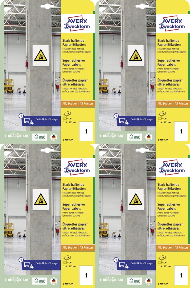 4x Etykiety papierowe do trudnych powierzchni Avery Zweckform, 210x297mm, 20 arkuszy, biały