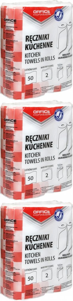 3x Ręcznik papierowy kuchenny Office Products, 2-warstwowy, w roli, 2x9.25m, 2 rolki, biały