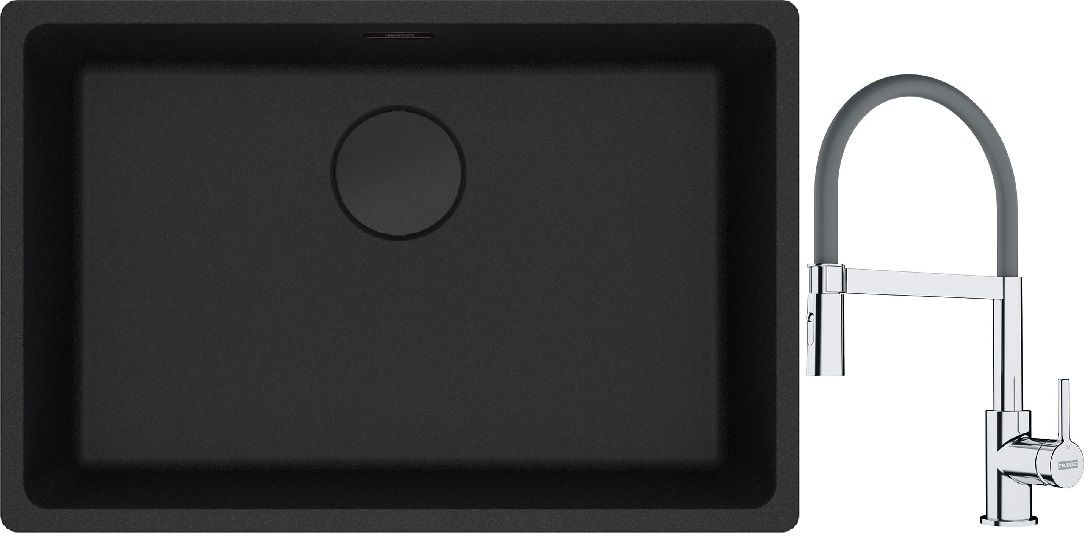 Franke Maris MRG 110-62 zlewozmywak 62x40 cm Fragranite czarny mat z baterią kuchenną Lina chrom/szary (1250697758, 1150626087)