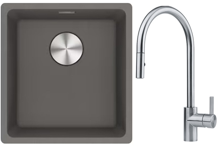 Franke Maris MRG 110-37 zlewozmywak 40x37 cm Fragranite kamienny szary z baterią kuchenną Eos stal szlachetna (1250687250, 1150590045)