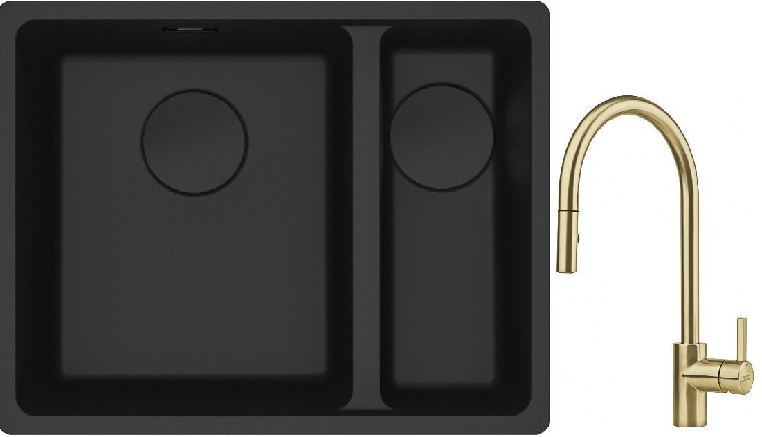 Franke Maris MRG 160-34-15SBR zlewozmywak 52x40 cm Fragranite czarny mat z baterią kuchenną Eos Neo M Pull-Out Spray złotą (1250697755, ...