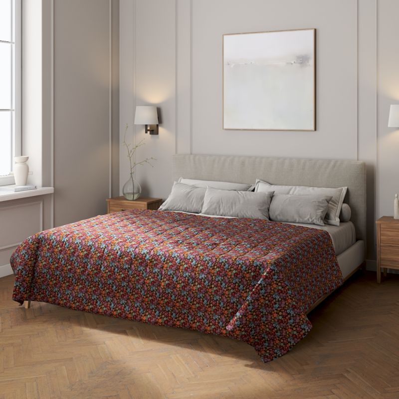 Narzuta pikowana w pasy Dekoria 260 x 210 cm kolorowe kwiaty na czarnym tle 1 szt.