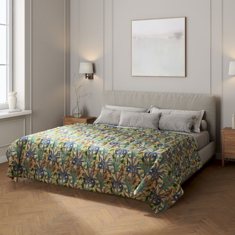 Narzuta pikowana w pasy Dekoria 130 x 210 cm zielono-niebieskie motywy roślinne 1 szt.