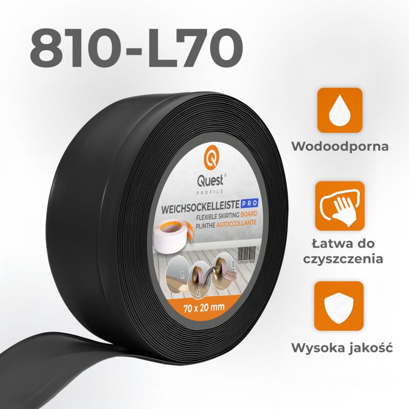 Listwa przypodłogowa PCV 70x20mm, QUEST, elastyczna, miękka listwa podłogowa, cokołowa, czarny, 10m