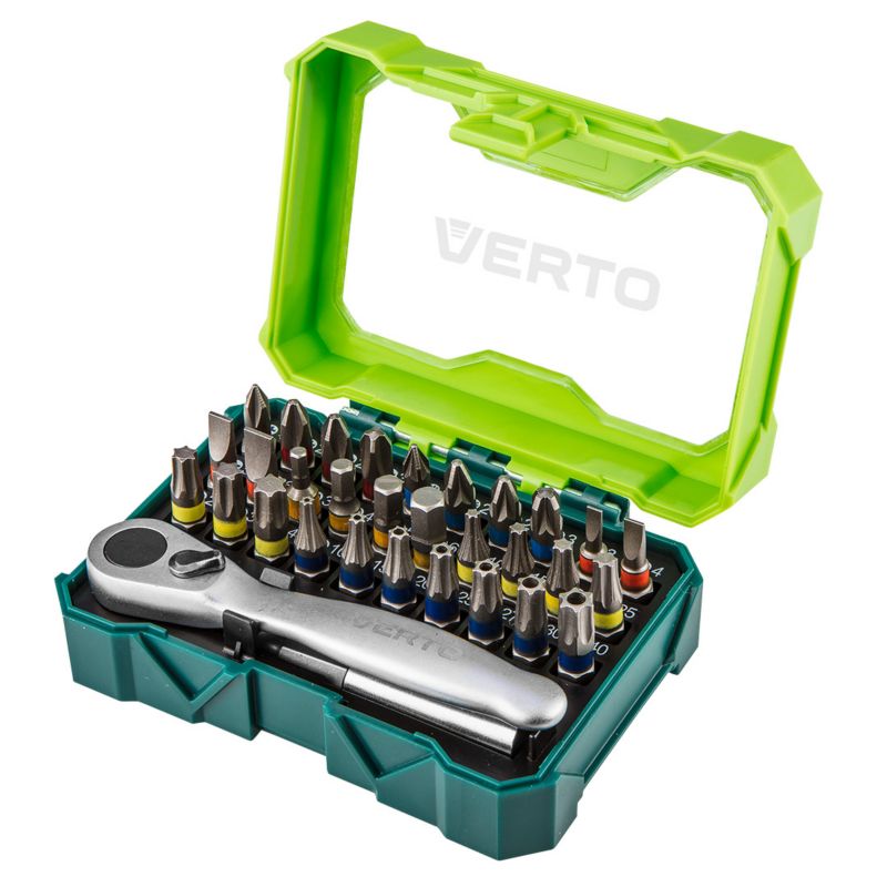 Końcówki wkrętakowe VERTO 32 szt., 25 mm - 4 x PH, 4 x PZ, 4 x SL, 4 x HEX, 7 x TX, 7 x TT + grzechotka do bitów 1 kpl