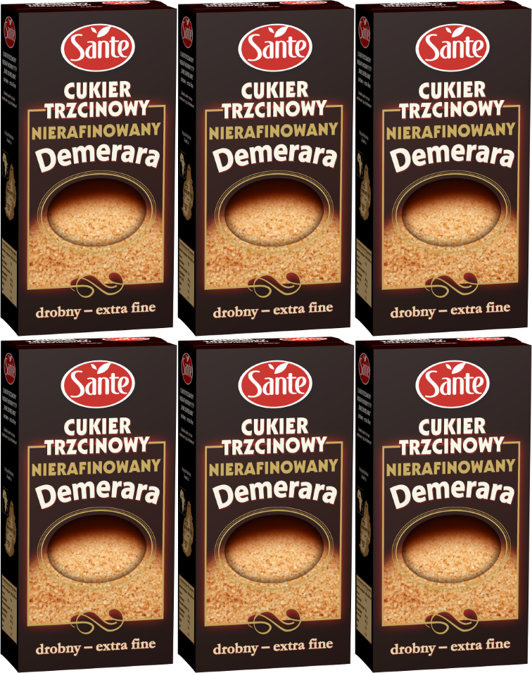 6x Cukier trzcinowy brązowy Sante Demerara, drobny, 500g