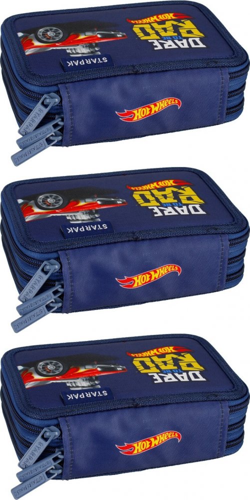 3x Piórnik 3-komorowy Starpak Hot Wheels, z wyposażeniem, 6x13x19cm, niebieski