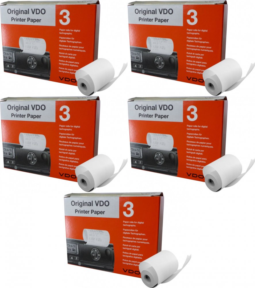 5x Papier do tachografu cyfrowego VDO, 3 rolki x 8 m, biały