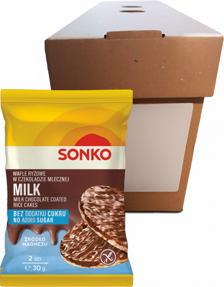 50x Wafle ryżowe Sonko, w czekoladzie mlecznej, bez dodatku cukru, 2 sztuki, 30g