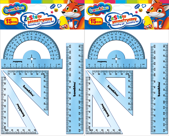 2x Zestaw geometryczny Bambino Zwierzaki Uczniaki, 4 elementy (w tym linijka 15cm), mix kolorów