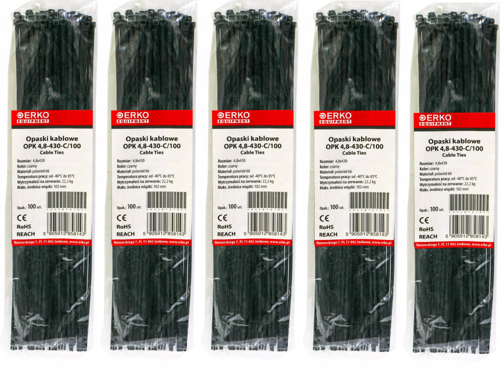 5x Opaska kablowa Erko, 4.8x430mm, 100 sztuk, czarny