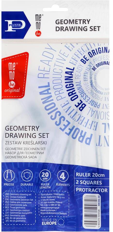 Zestaw kreślarski MemoBe by Pratel, z linijką 20cm, 4 elementy, transparentny
