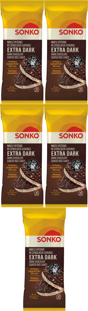 5x Wafle ryżowe Sonko Extra Dark, w czekoladzie gorzkiej, 4 sztuki, 69g