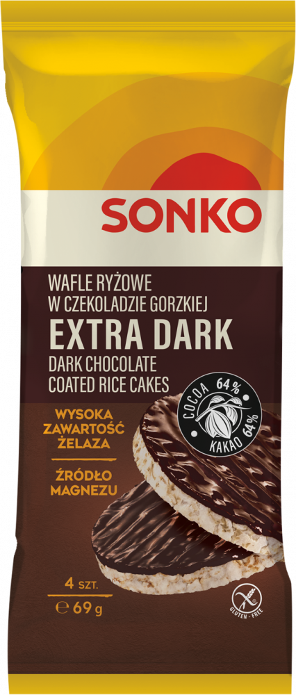 Wafle ryżowe Sonko Extra Dark, w czekoladzie gorzkiej, 4 sztuki, 69g