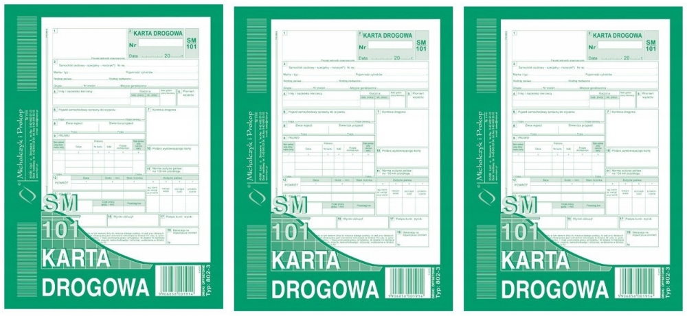 3x Druk akcydensowy Karta Drogowa samochód osobowy MiP 802-3, A5, 80k