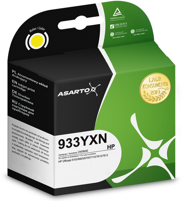 Tusz Asarto AS-H933YXN (HP 933YXN, CN056AE), 825 stron, yellow (żółty)
