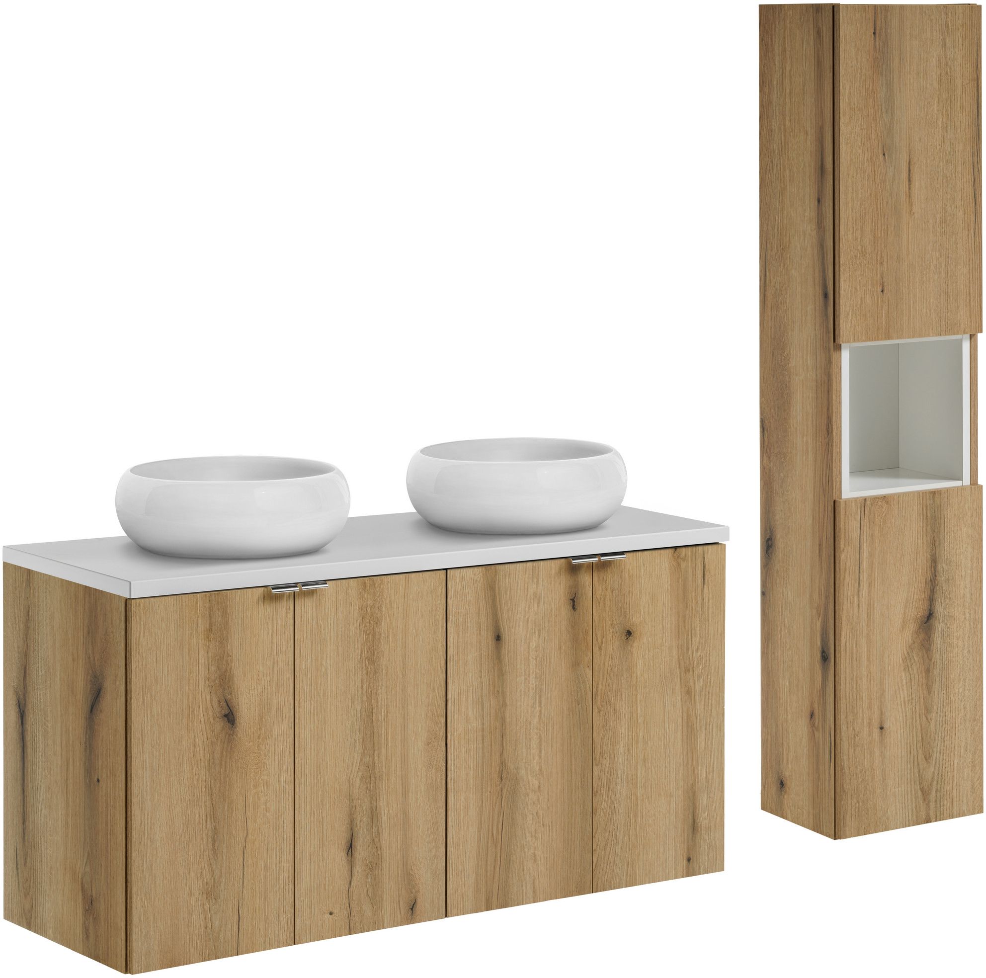 Zestaw Comad Nova Oak/White szafki 60 cm i 60 cm z blatem meblowym 120 cm, dwie umywalki Wiki 36x36 cm i szafka boczna wysoka dąb/biały ...