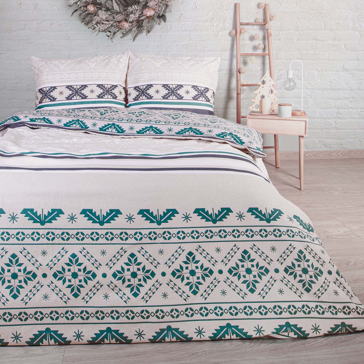 Pościel świąteczna 160x200 GRUBA 100% BAWEŁNA FLANELOWA wzór boho turkusowy
