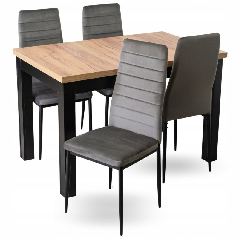 Zestaw Stół i 4 Krzesła Mebel Elite Skubi 120-160 cm Dąb Craft/Czarny i Naris Szare Welurowe 1 kpl