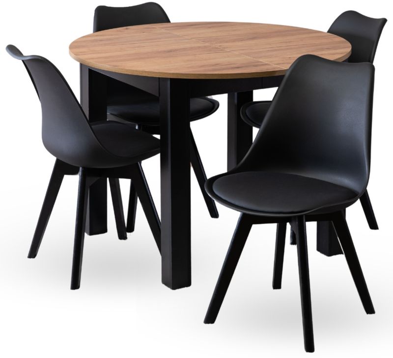 Zestaw Stół i 4 Krzesła Mebel Elite Harry 102-142 cm Dąb Craft/Czarny i Scandi Czarne 1 kpl