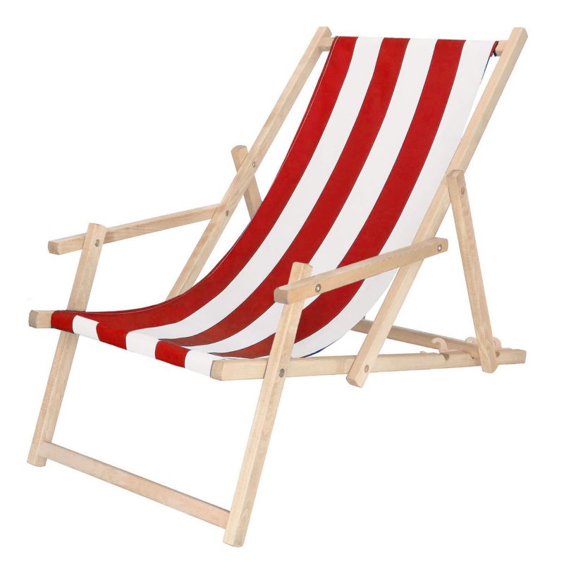 Leżak plażowy Springos z podłokietnikami z materiałem w czerwone pasy 1 szt.