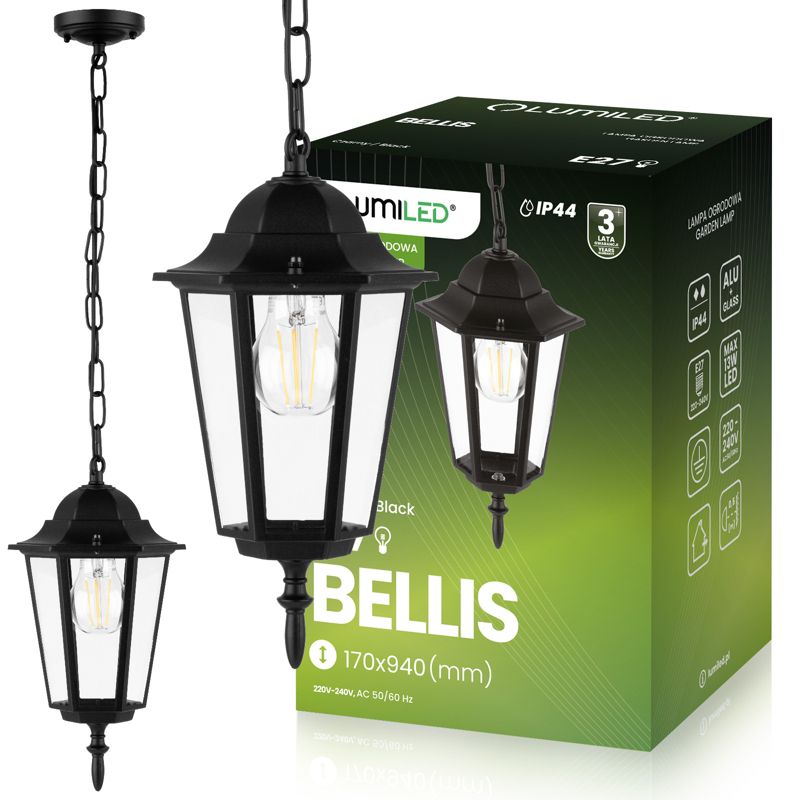 Lampa Ogrodowa Lumiled Wisząca Zewnętrzna E27 Latarnia Czarna 1 szt.