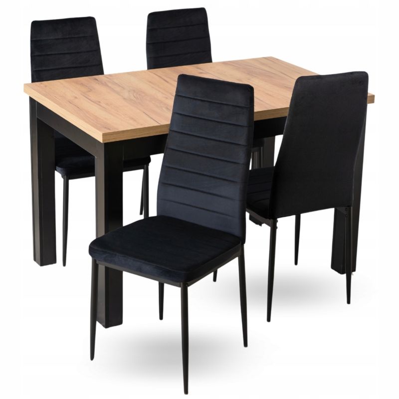 Zestaw Stół i 4 Krzesła Mebel Elite Skubi 120-160 cm Dąb Craft/Czarny Naris Czarne Welurowe 1 kpl