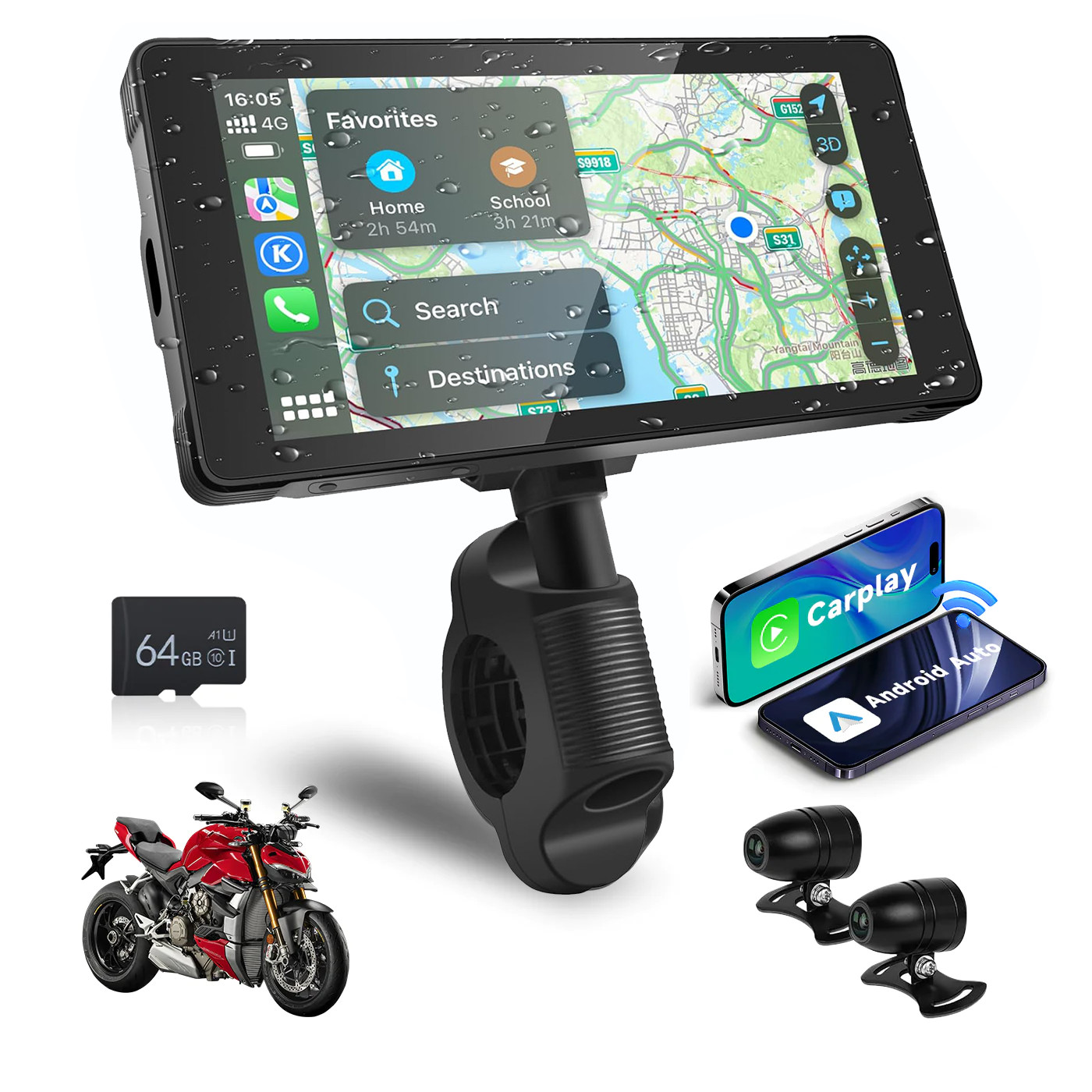 REJESTRATOR MOTOCYKLOWY NAWIGACJA CARPLAY ANDROID AUTO 2 KAMERY FULL HD BLUETOOTH WIFI MKT33