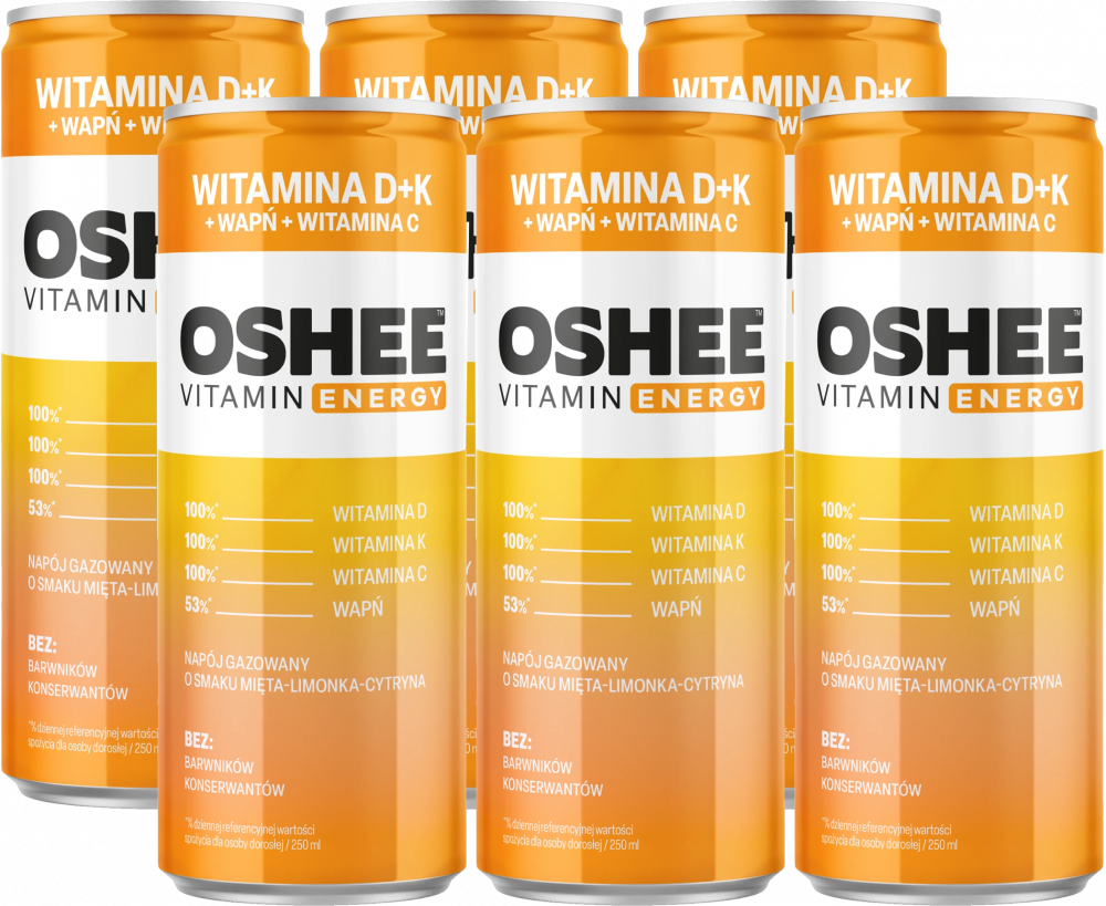 6x Napój Oshee Vitamin Energy, witamina D, K, C + wapń, puszka, 250ml