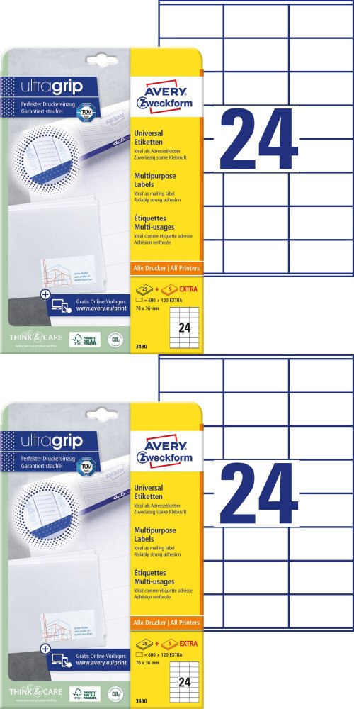2x Etykiety samoprzylepne Avery Zweckform, 70x36mm, 25 arkuszy + 5 gratis, biały