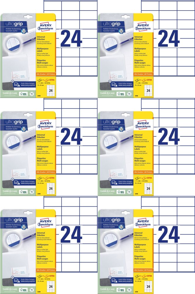 6x Etykiety samoprzylepne Avery Zweckform, 70x36mm, 25 arkuszy + 5 gratis, biały