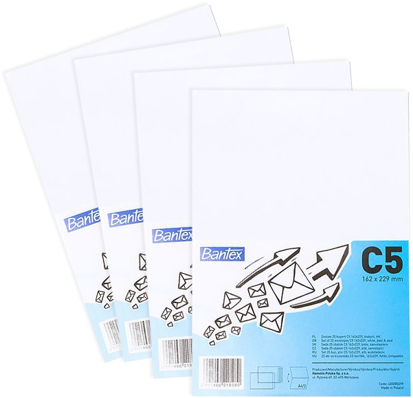 4x Koperta standardowa Bantex, C5, z paskiem HK, 25 sztuk, biały