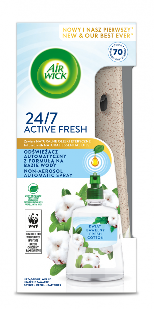 Odświeżacz powietrza Air Wick wkład + urządzenie, Active Fresh, kwiat bawełny/fresh cotton, 228ml