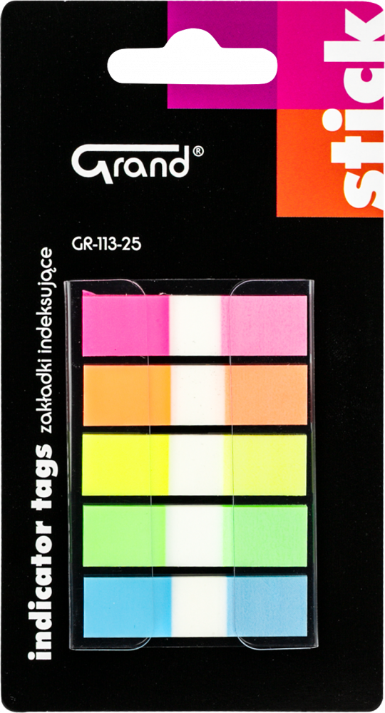 Zakładki samoprzylepne Grand GR-113-25, indeksujące, 45x12 mm, 5x25 sztuk, mix kolorów