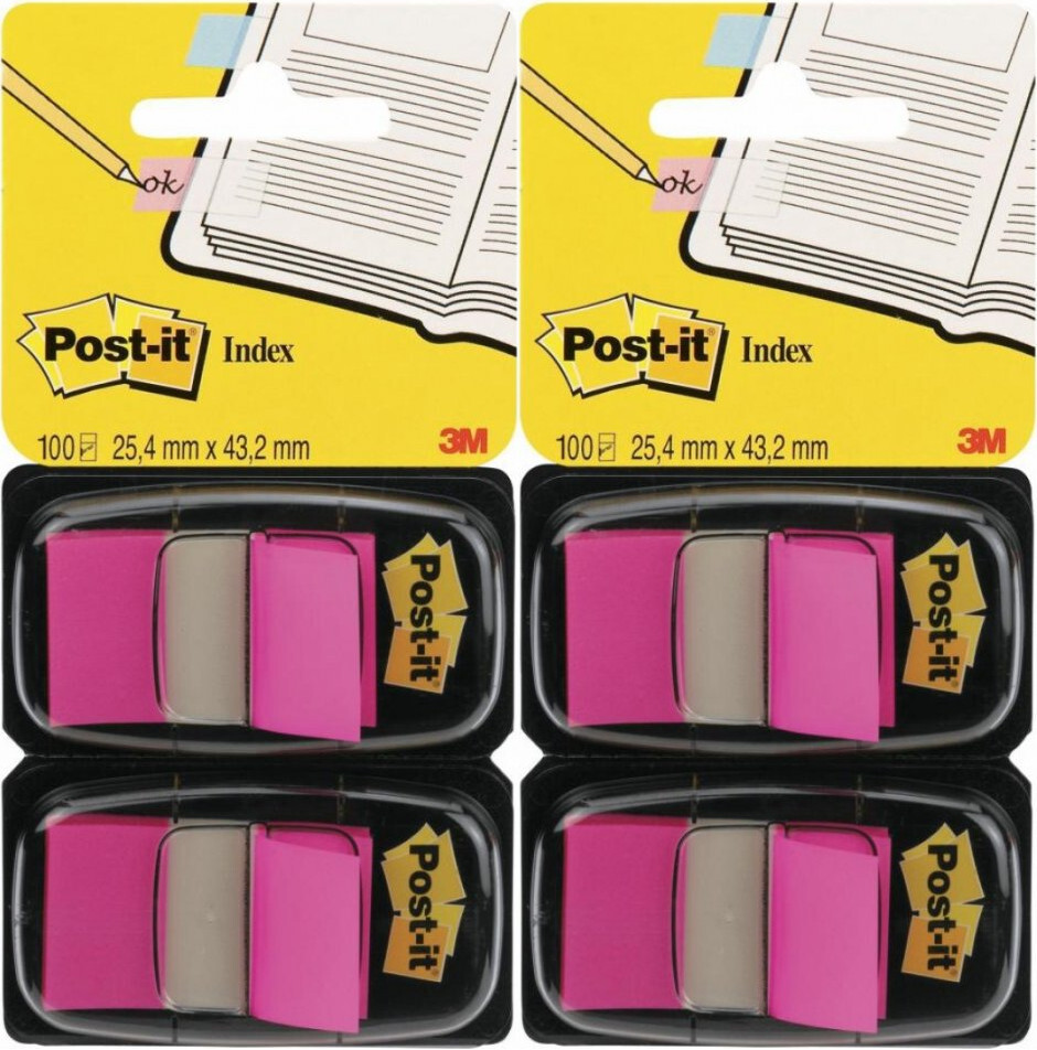 2x Zakładki samoprzylepne Post-it (680-BP2EU), proste, indeksujące, folia, pótransparentne, 25.4x43.2mm, 2x50 sztuk, jaskrawy różowy
