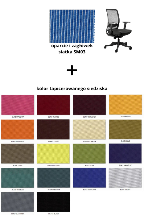 ANGGUN M fotel biurowy czarny stelaż, siatka, tkanina kolory (Kolor siedziska: BL404, Kolor siatki: niebieska SM03)