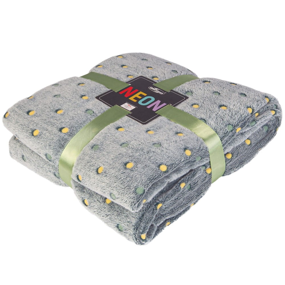 Koc 200x220 z miękkiej mikrofibry NEON szary kocyk w żółte i zielone kropki