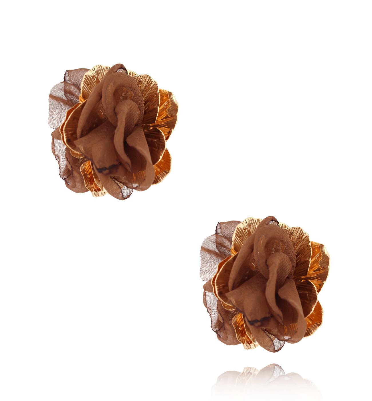 Kolczyki złote z brązową tkaniną Gold Flower - By Dziubeka