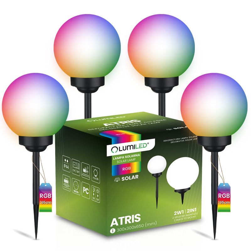 Lampa Solarna Lumiled Ogrodowa LED Wbijana Naziemna Biała Kula 30cm RGB 4 szt.