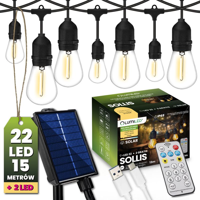 Girlanda Solarna Lumiled Ogrodowa 22x LED Ozdobne Żarówki 15m IP65 2700K z Pilotem 1 szt.