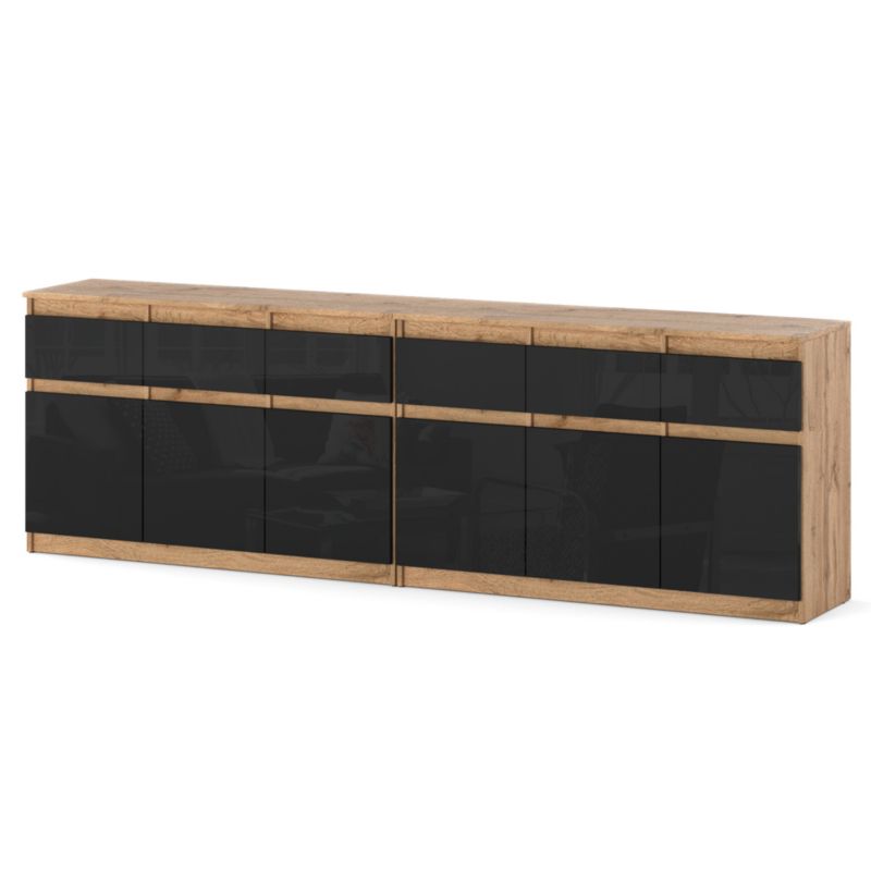 Komoda Hurtownia-Mebli Szuflady 6 Olia Best 240cm Dąb Wotan Czarny Połysk 240x35x75 cm 1szt.