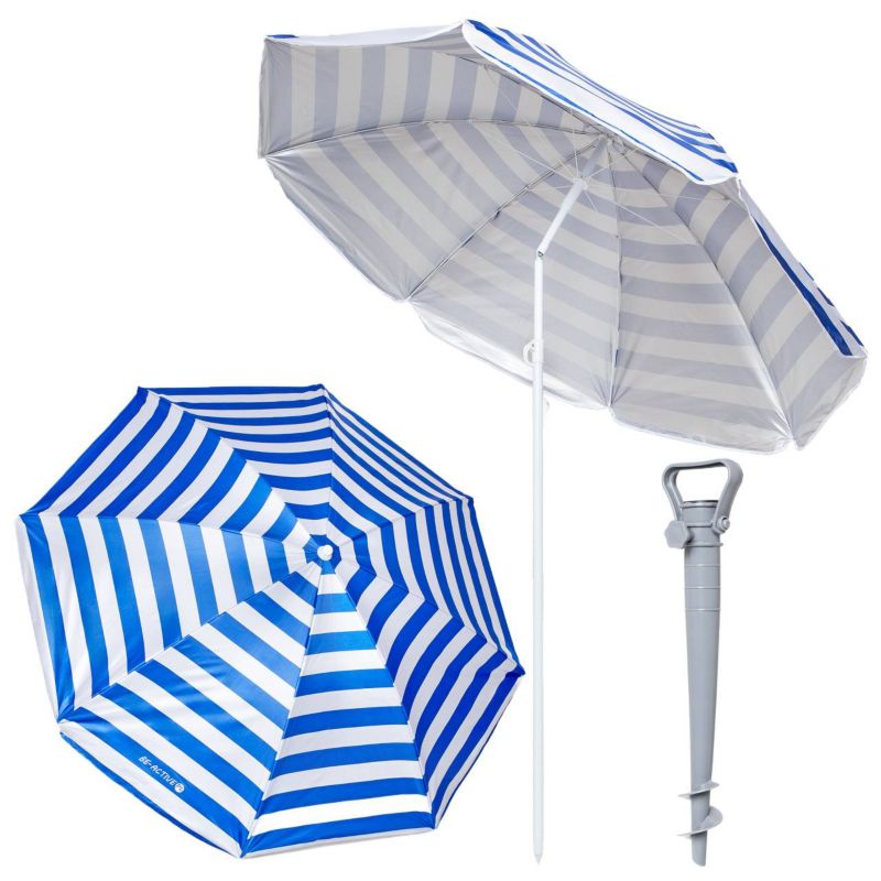 Parasol plażowy Be-active.pl składany ogrodowy na balkon 180cm niebieskie paski + kotwa 1 zestaw
